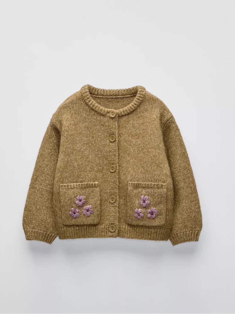 Zara Kids Camel Knit Cardigan with Purple Floral Pockets